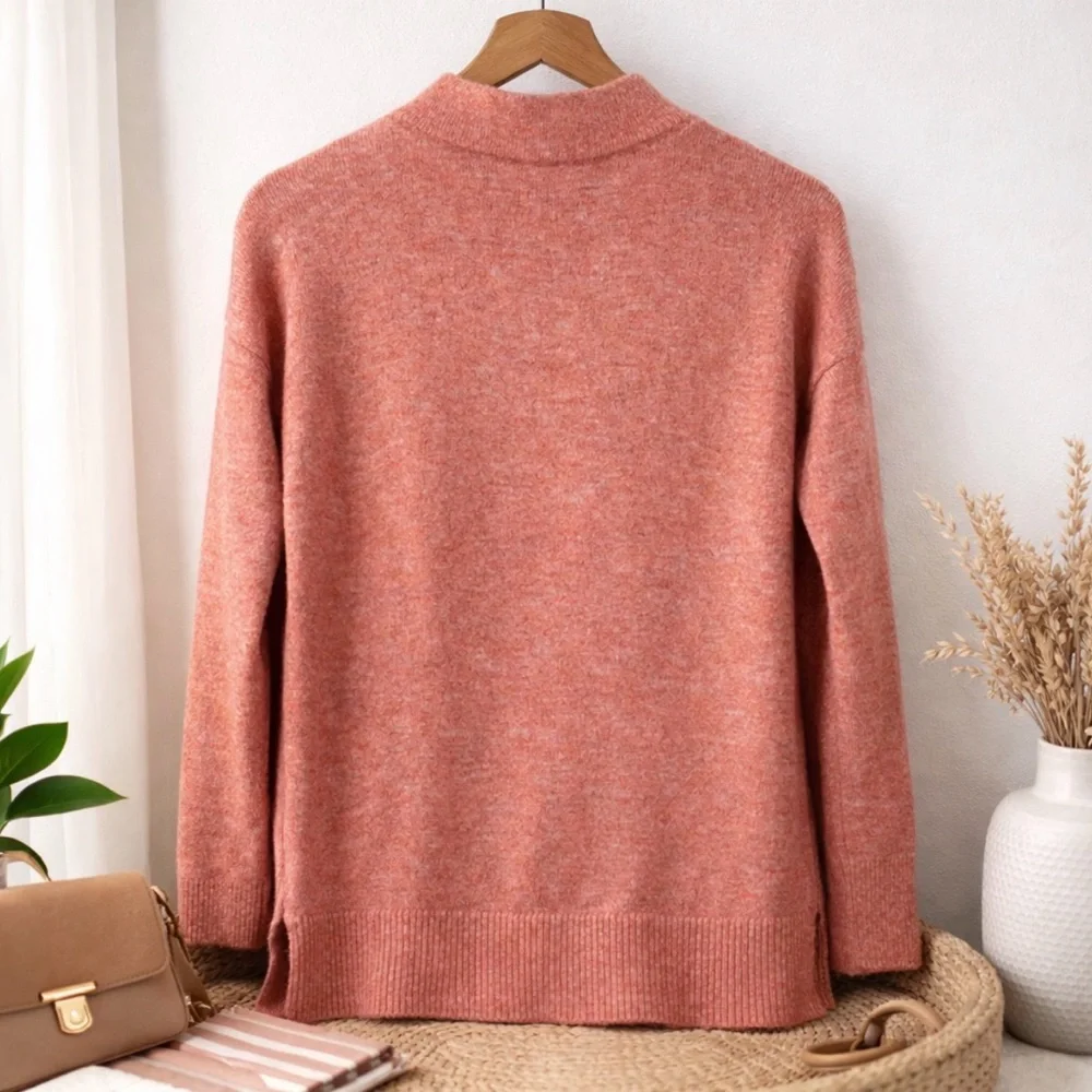 Ann Taylor LOFT Marled Mock Neck Sweater XS Coral Pink Cozy Knit